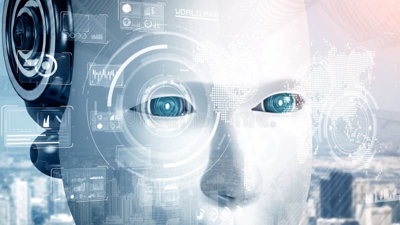 MLB Robot hominoid face close up with graphic concept of big data analytic stock illustration