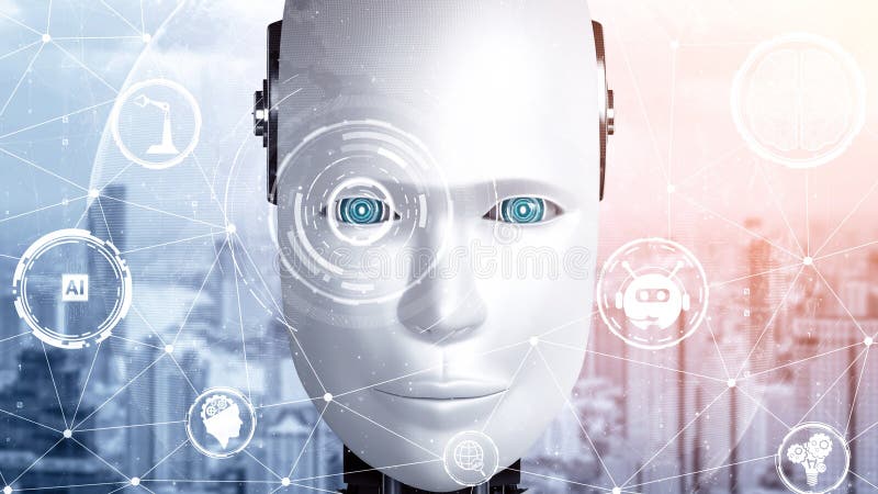 MLB Robot hominoid face close up with graphic concept of AI thinking brain vector illustration
