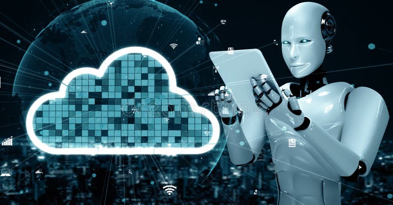 MLP AI robot huminoid uses cloud computing technology to store data on online server royalty free illustration