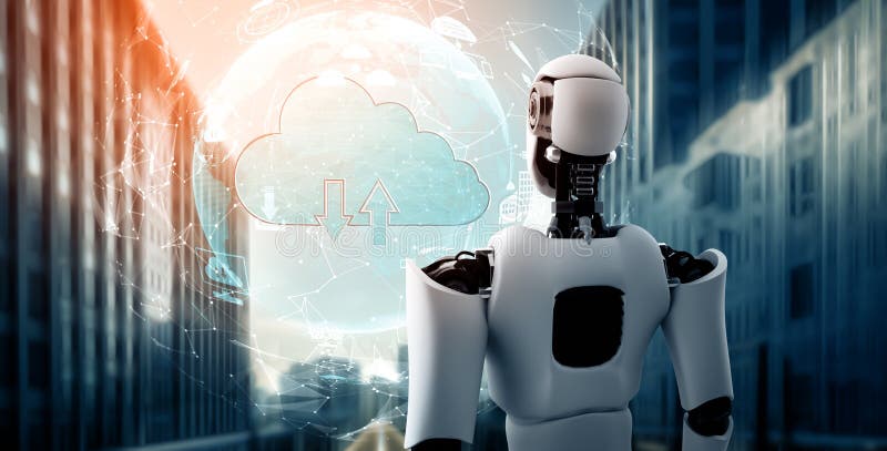MLP AI robot using cloud computing technology to store data on online server royalty free illustration