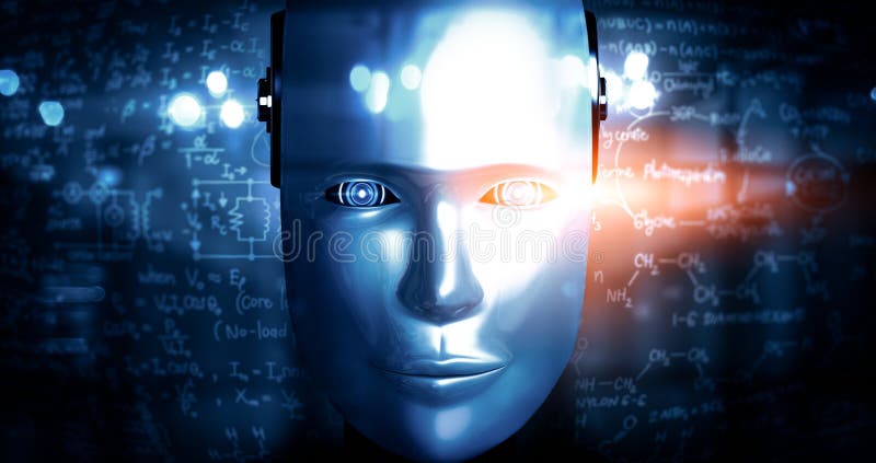 MLP Robot humanoid face close up with graphic concept of engineering science study royalty free illustration
