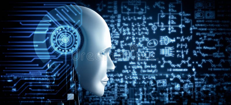 MLP Robot humanoid face close up with graphic concept of engineering science study royalty free illustration
