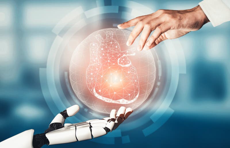 MLP Medical artificial intelligence droid robot working in future hospital stock images