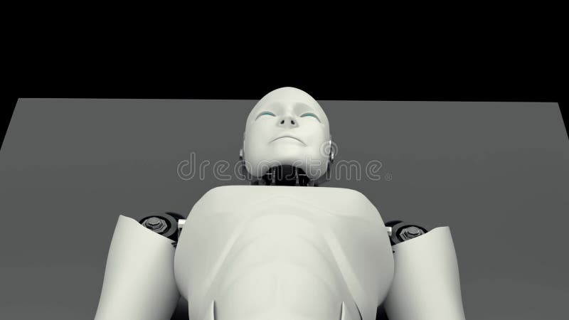 Robot futurist care stă pe pat cu inteligență artificială pe fond negru stock illustration