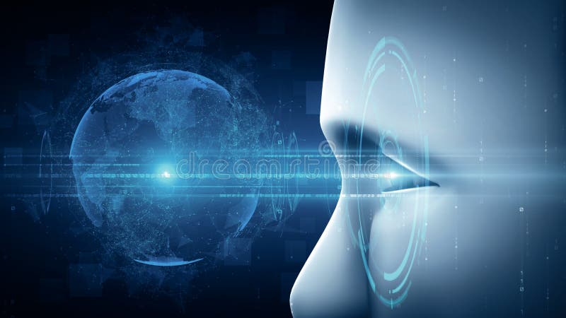 MLP Robot hominoid face close up with graphic concept of AI thinking brain vector illustration