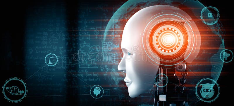 MLP Robot humanoid face close up with graphic concept of engineering science study stock illustration