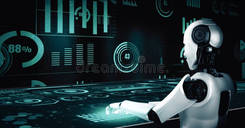 MLP 3d illustration Future financial technology controll by AI robot huminoid uses machine learning and artificial intelligence to analyze business data and give advice on investment and trading. MLP 3d illustration Future financial technology controll by AI robot huminoid uses machine learning and artificial intelligence to analyze business data and give advice on investment and trading