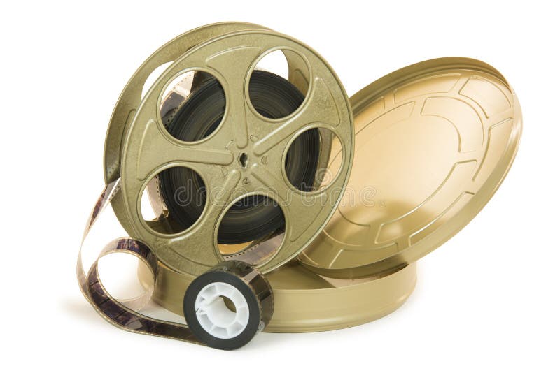 35mm Film In Reel And Its Can. A 35mm film in a metallic golden reel and its can, isolated over white, with clipping paths stock image 35mm Film In Reel And Its Can. A 35mm film in a metallic golden reel and its can, isolated over white, with clipping paths stock image