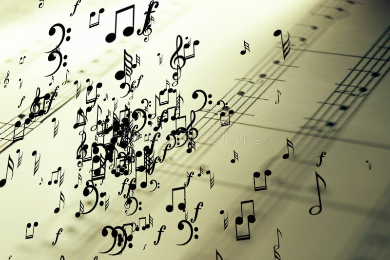 Mnóstwo muzykalne notatki lata na roczniku starym klepka pentagram zdjęcie stock Mnóstwo muzykalne notatki lata na roczniku starym klepka pentagram zdjęcie stock