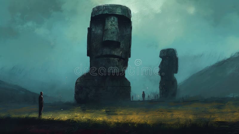 Digital art of a moai statue against a dramatic background