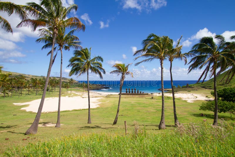 Moai vid anakena-strandöskiral. arkivfoto
