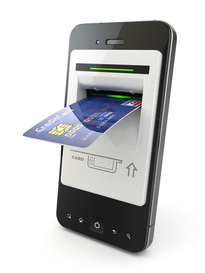 Mobiel bankwezen. Mobiele telefoon als ATM en creditcard.