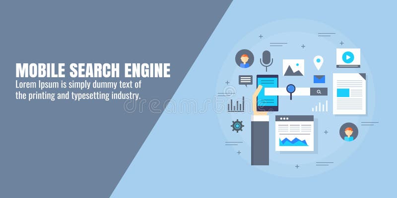 Mobiel onderzoek, slim onderzoek, seo, mobiele optimalisering, de technologie van het stemonderzoek Vlakke ontwerpbanner stock illustratie Mobiel onderzoek, slim onderzoek, seo, mobiele optimalisering, de technologie van het stemonderzoek Vlakke ontwerpbanner stock illustratie