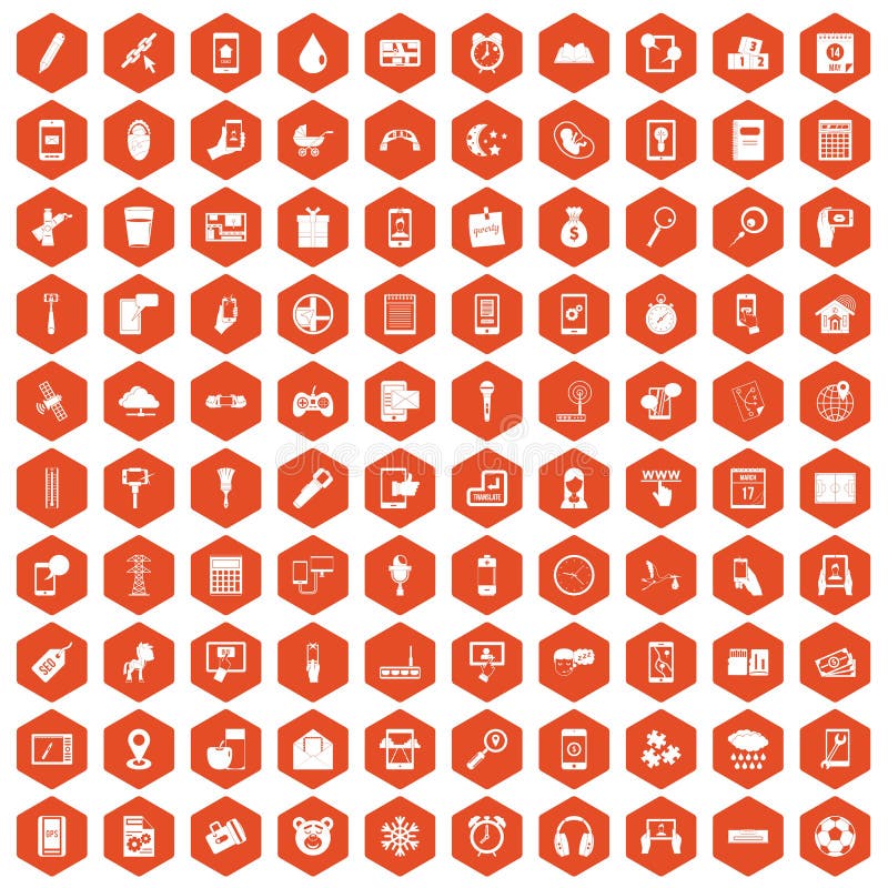 100 mobile app icons set in orange hexagon isolated vector illustration. 100 mobile app icons set in orange hexagon isolated vector illustration