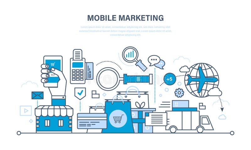 Mobiele marketing, analyse en statistieken die, online, beheer winkelen royalty-vrije illustratie Mobiele marketing, analyse en statistieken die, online, beheer winkelen royalty-vrije illustratie