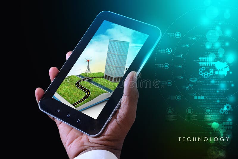 Mobiele technologiecityscape stock afbeeldingen Mobiele technologiecityscape stock afbeeldingen