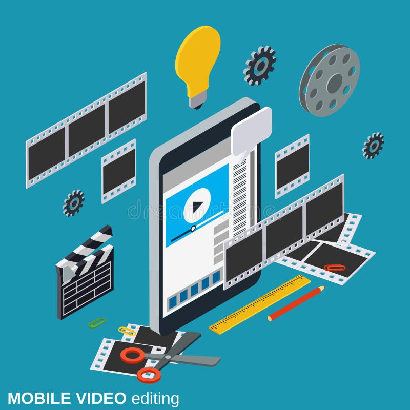 Mobil video produktion som redigerar, montagevektorbegrepp royaltyfri illustrationer Mobil video produktion som redigerar, montagevektorbegrepp royaltyfri illustrationer