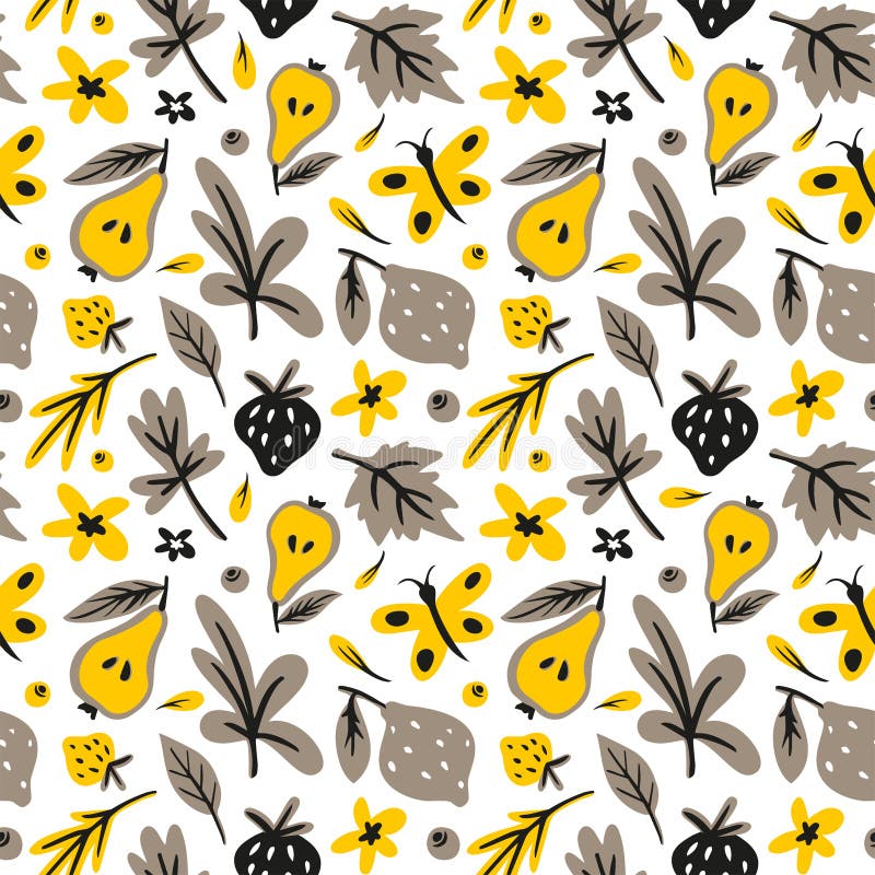 Leaves, flowers, berrys, fruits flat hand drawn seamless pattern. Doodle and cartoon texture.