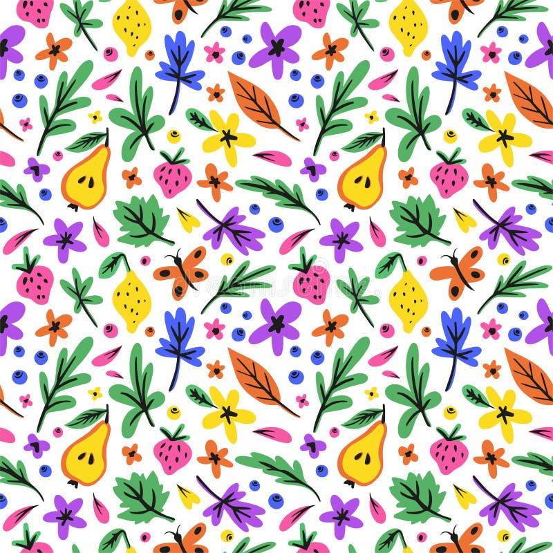 Summer, spring botanical seamless pattern with leaves, flowers, berrys, fruits and butterfly, different leafs vector.