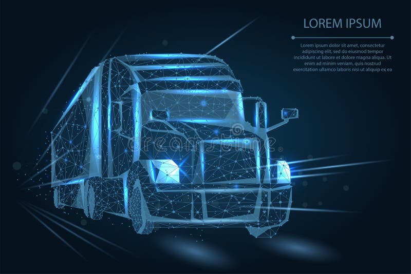 Abstract image of a Truck consisting of points, lines, and shapes. 3d heavy lorry van on Highway road