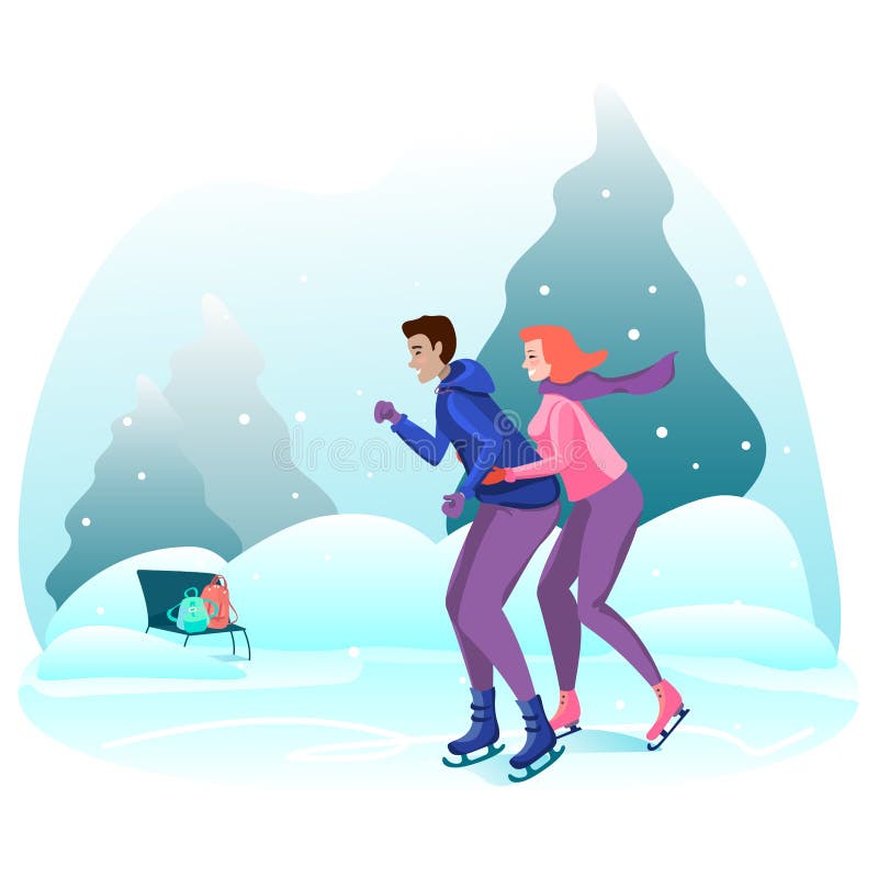 Happy couple riding on the rink. Winter outdoor activities