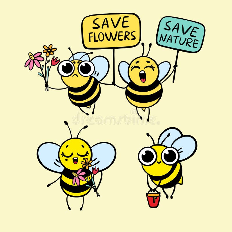 Cartoon Set Cute Bees Outcrying with Signboard and Text `Save Nature`, `Save  Flowers` - Mascot Character Stock Vector - Illustration of bumble, mascot:  216787903