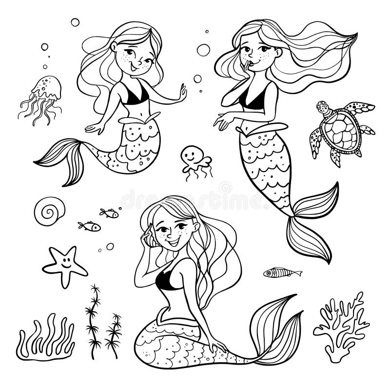 Cute Cartoon Mermaids Set and Sea Animals Stock Vector - Illustration ...