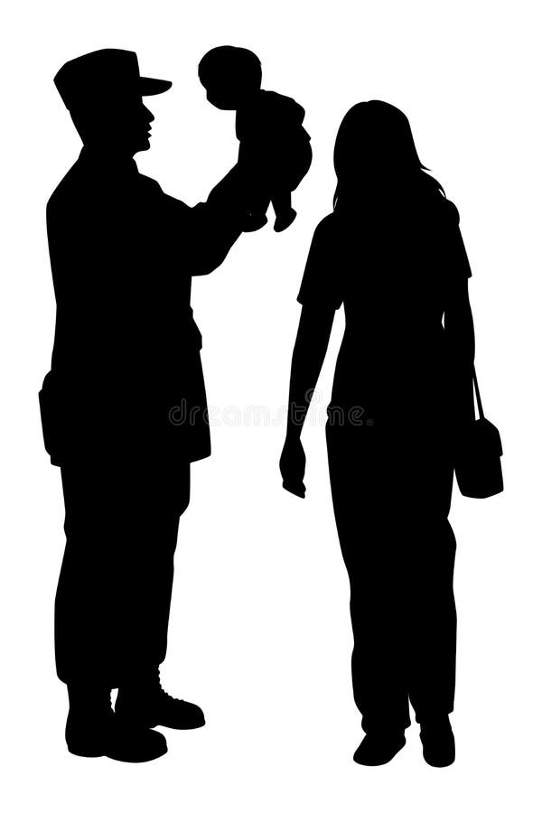 Soldier family with dad mom and baby silhouette vector, happy warrior come back to his home.