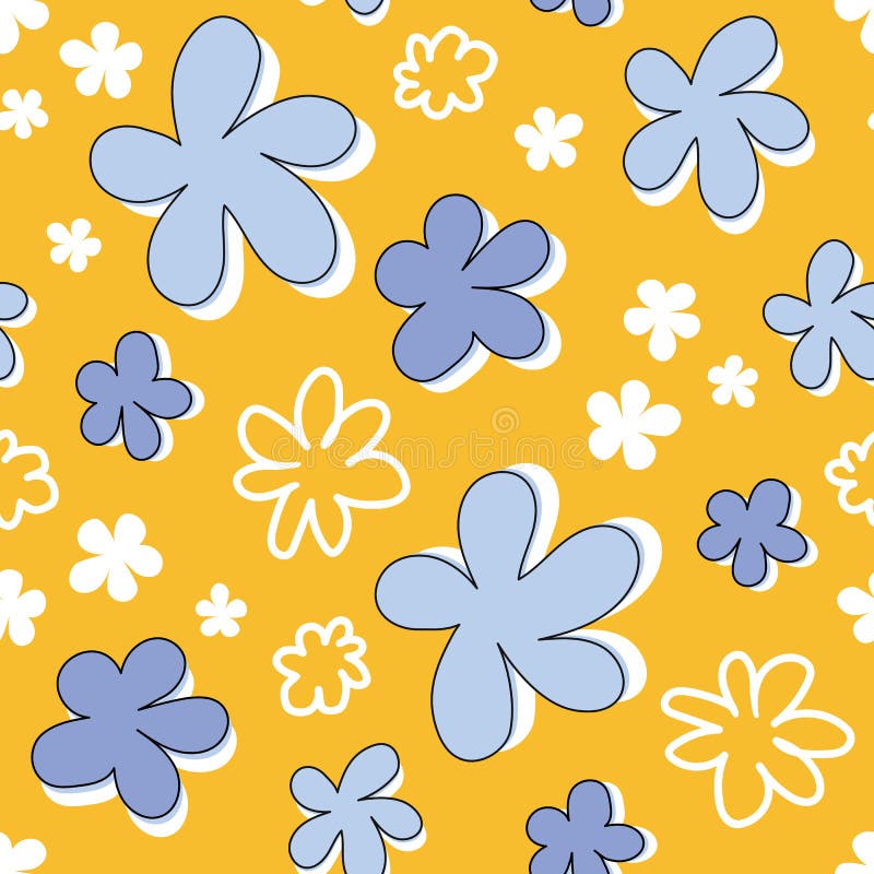 Seamless vector pattern on a yellow background. Purple and lilac abstract flowers, contour white doodle. stock illustration