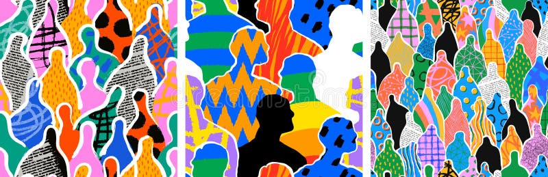 Colorful diverse people crowd abstract art seamless pattern set vector illustration