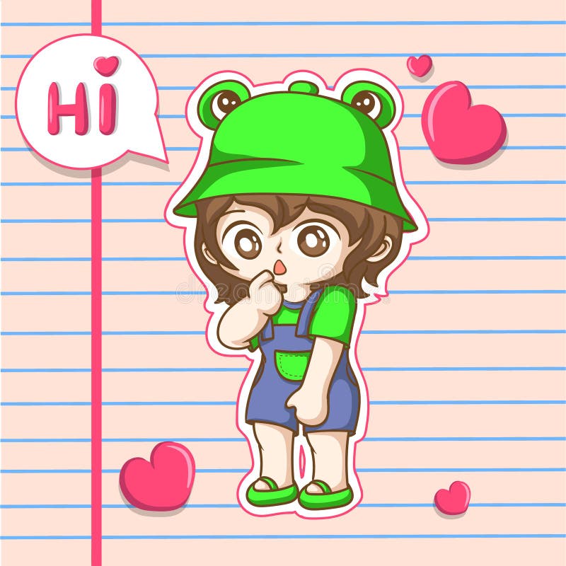 Cute Paper Art Chibi Girl with Frog Hat Character Design Stock Vector