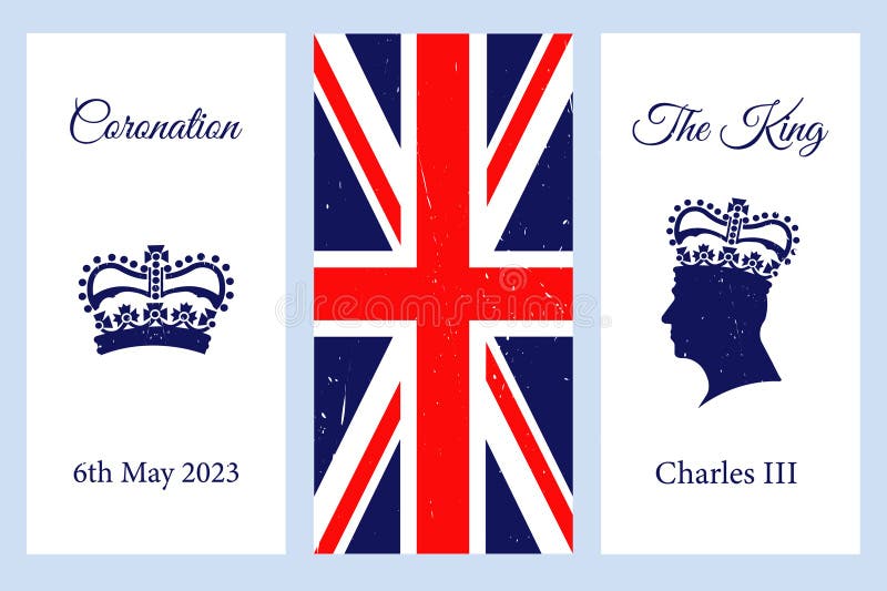 London - May 6, 2023 - Vector illustration featuring the coronation of King Charles III, with silhouettes of King Charles III wearing a crown, a map, the Great Britain flag. London - May 6, 2023 - Vector illustration featuring the coronation of King Charles III, with silhouettes of King Charles III wearing a crown, a map, the Great Britain flag.