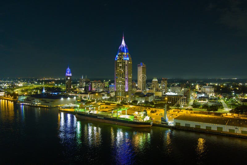 Mobile, Alabama Waterfront at Night Stock Image Image of house, town