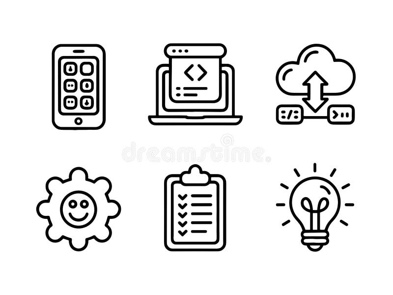 Mobile App Development Programming Cloud Upload Settings Checklist Lightbulb stock illustration