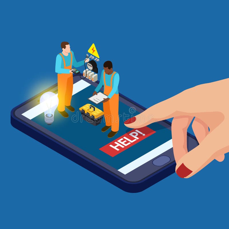 Mobile app electrician services isometric vector concept royalty free illustration