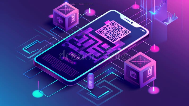 Mobile app for internet business, information, cashless online payment. 3D modern web banner image for QR code stock photography