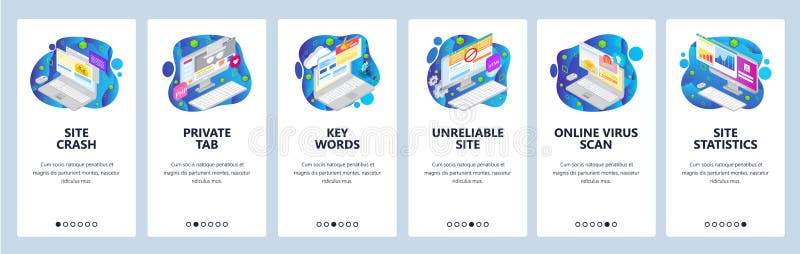 Mobile app onboarding screens. Business charts, isometric computer icons, private browsing, virus scan. Vector banner royalty free illustration
