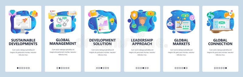 Mobile app onboarding screens. Business plan and analytics, charts, global management, money tree. Menu vector banner stock illustration