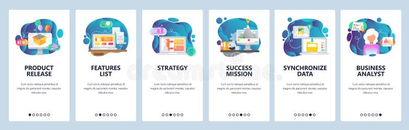 Mobile app onboarding screens. Business strategy, new product release, data sync. Menu vector banner template for