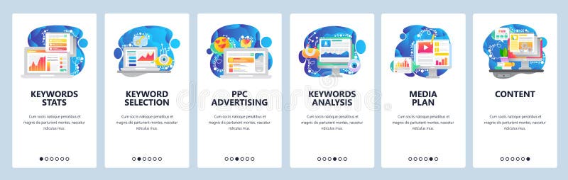 Mobile app onboarding screen. Digital marketing, keywords statistics, online advertising, media, data analysis, charts vector illustration