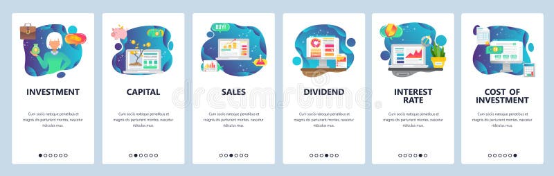 Mobile app onboarding screens. Finance business icons, money investment, sales and capital, interest rate. Vector banner