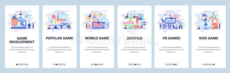 Mobile app onboarding screens. Game development, VR technology, mobile games, joystick. Menu vector banner template for royalty free illustration