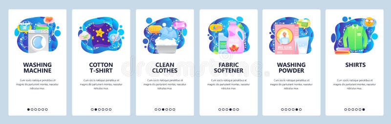 Mobile app onboarding screens. Laundry service icons, washing machine, liquid softener, powder. Menu vector banner template for website and mobile development. Web site design flat illustration.