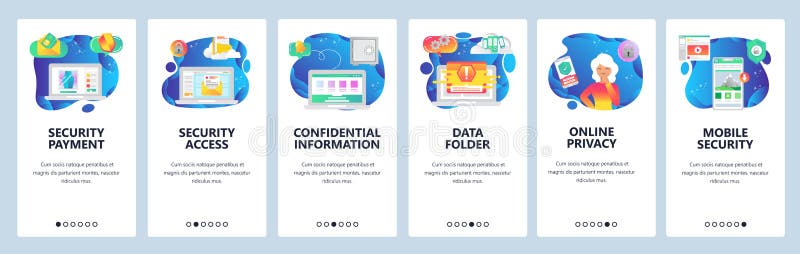 Mobile app onboarding screens. Mobile content feed, sales countdown, secure access, email, online shopping. Vector royalty free illustration Mobile app onboarding screens. Mobile content feed, sales countdown, secure access, email, online shopping. Vector royalty free illustration
