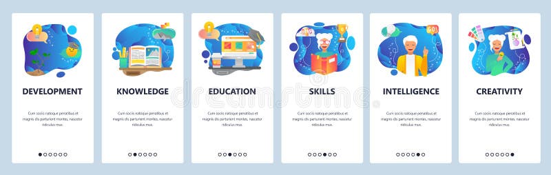 Mobile app onboarding screens. Online education, people skills development, female student, knowledge, book. Vector royalty free illustration Mobile app onboarding screens. Online education, people skills development, female student, knowledge, book. Vector royalty free illustration