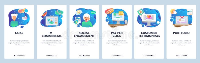 Mobile app onboarding screens. Pay per click, marketing, social engagement, customer review. Menu vector banner template vector illustration