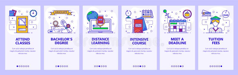 Mobile app onboarding screens. School and college education, distance online learning, intensive cources. Menu vector royalty free illustration