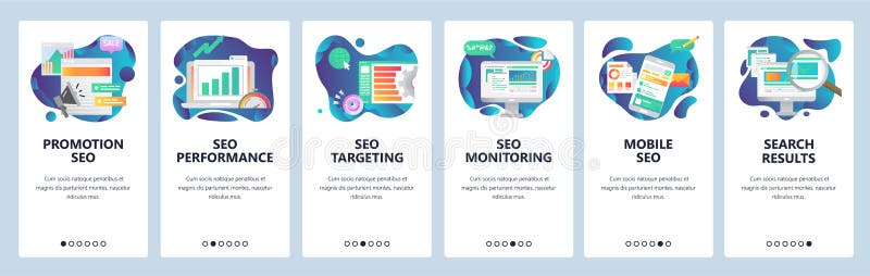 Mobile app onboarding screens. SEO optimization and digital internet marketing. Menu vector banner template for website stock illustration Mobile app onboarding screens. SEO optimization and digital internet marketing. Menu vector banner template for website stock illustration