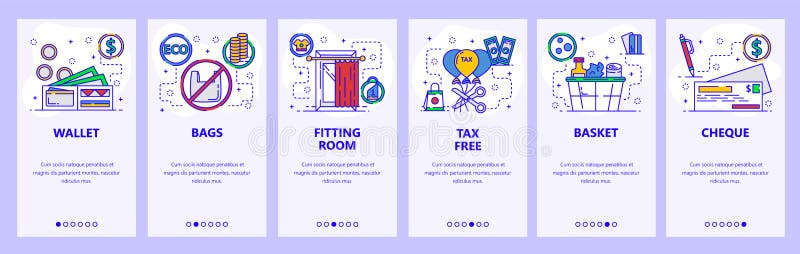 Mobile app onboarding screens. Shopping, grocery store, retail symbols and icons. Menu vector banner template for stock illustration