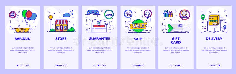 Mobile app onboarding screens. Shopping, store building, sales and promotion. Menu vector banner template for website vector illustration